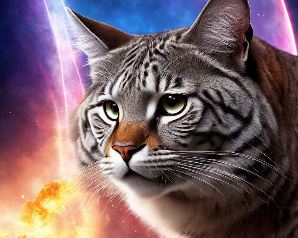 Detailed digital artwork: Tabby cat with green eyes in cosmic setting