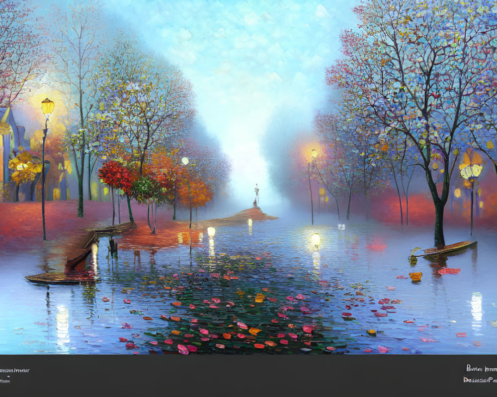 Colorful painting: Serene park at dusk with street lamps and figure