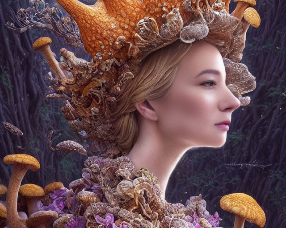 Person with fantastical mushroom crown and garb, purple flowers