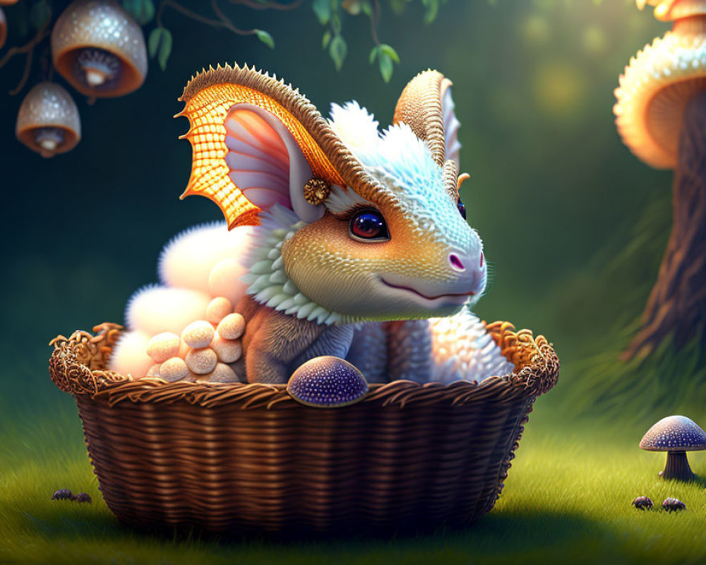 Fantastical dragon-like creature in basket with eggs and mushrooms in mystical forest