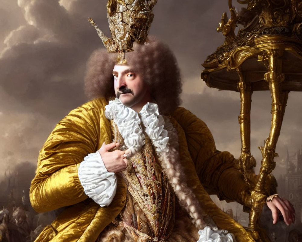 Royal man in opulent attire with crown and wig sitting confidently beside ornate table