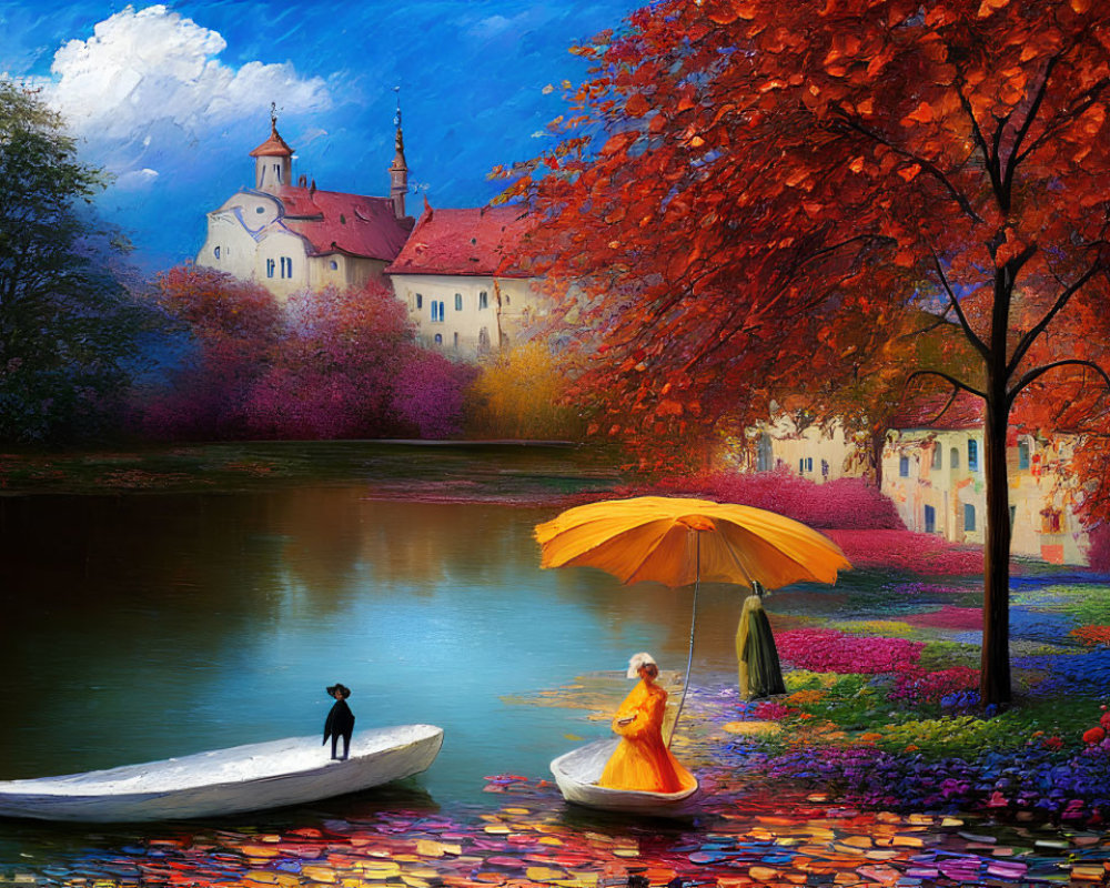 Scenic autumn landscape with lake, boats, castle, and colorful trees