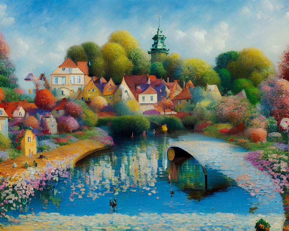 Colorful Painting of Quaint Village with Blooming Trees and Stone Bridge