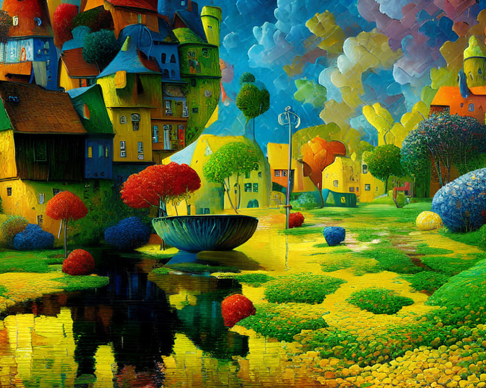 Vibrant, whimsical landscape with colorful houses and trees by serene water.