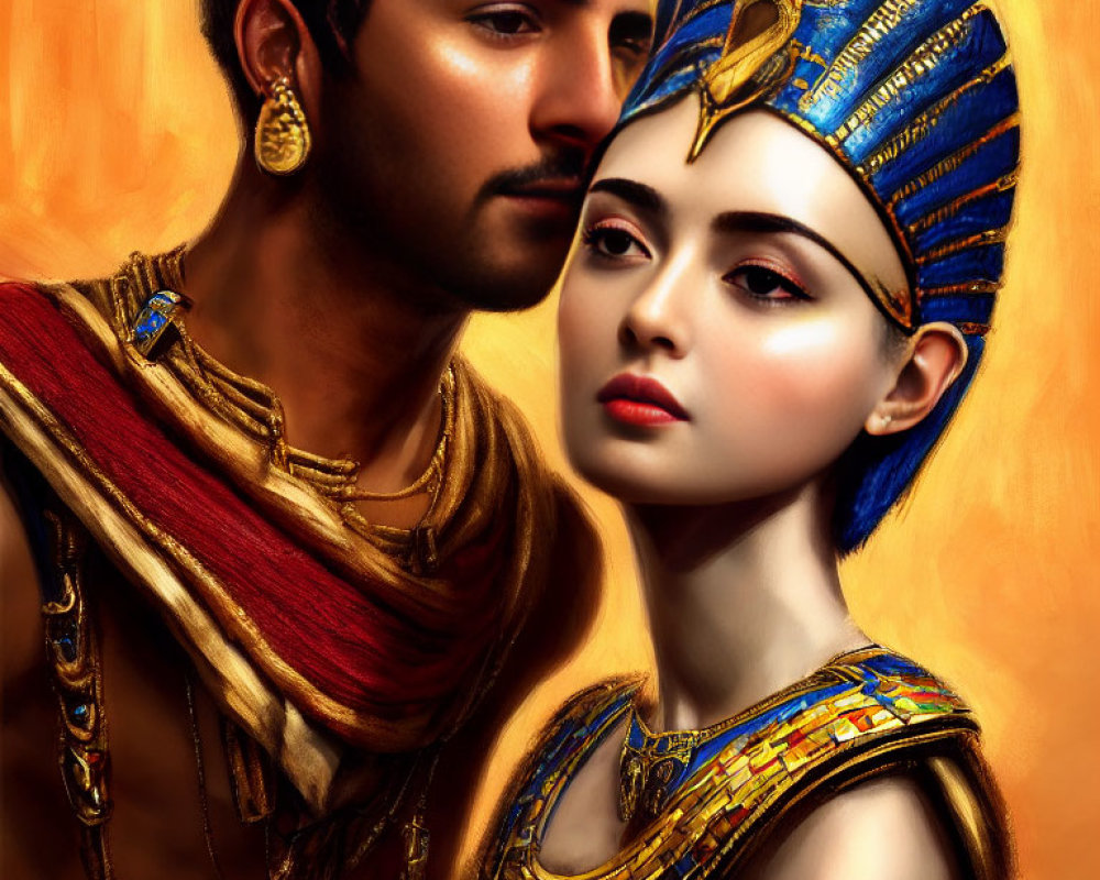 Digital portrait of man and woman in ancient Egyptian attire with pharaoh's headdress