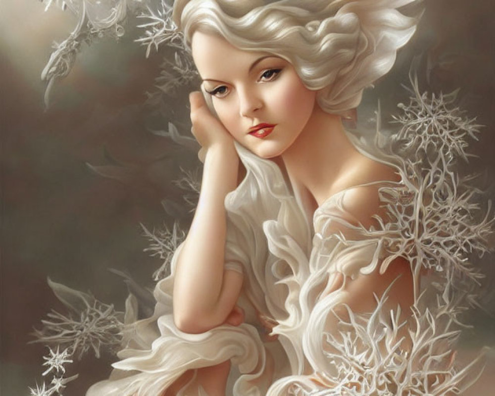 Whimsical female figure with wavy white hair in serene snowflake setting