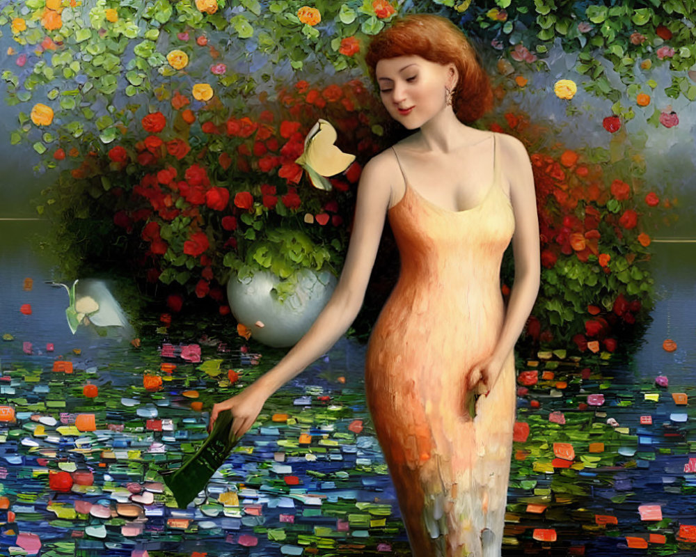 Red-haired woman in yellow dress surrounded by colorful flowers and butterflies by water.