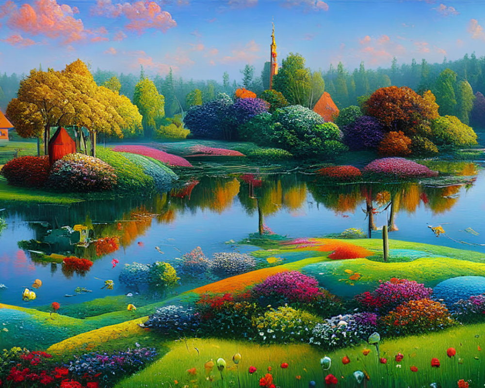 Tranquil landscape with vibrant flowers, serene lake, cottages, and church spire.