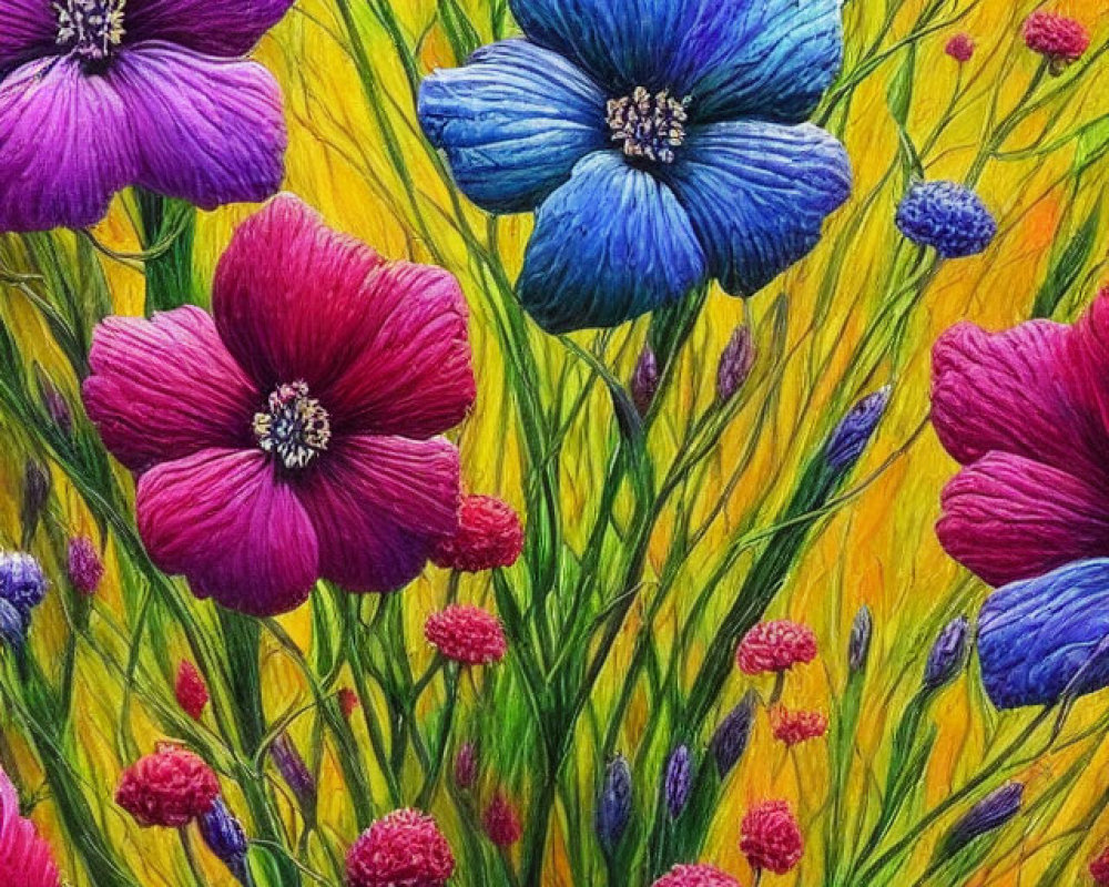 Colorful Painting of Purple and Blue Flowers on Yellow Background