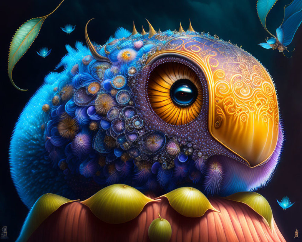 Colorful Digital Artwork: Stylized Bird with Blue and Orange Patterns