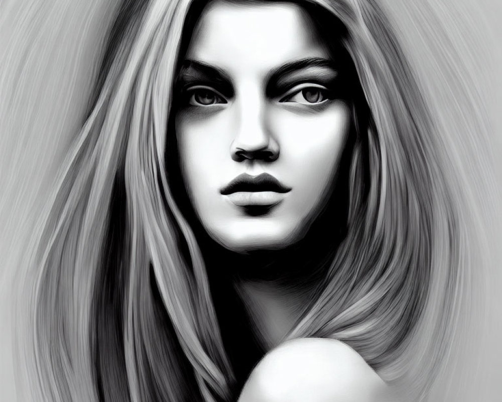 Monochrome digital artwork of a woman with flowing hair and captivating eyes