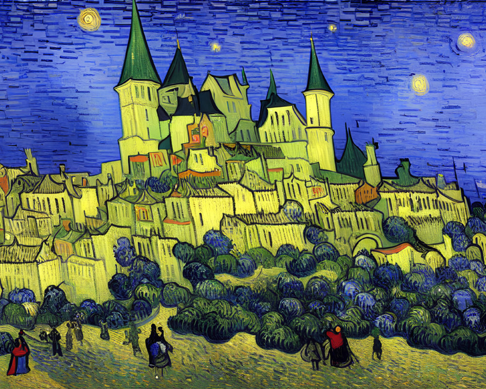 Vibrant impressionistic painting of castle on hill with starry sky