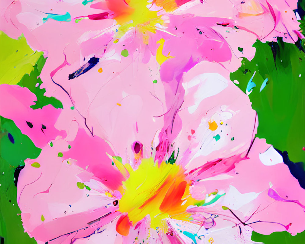 Colorful abstract painting of pink flowers with splatters and drips