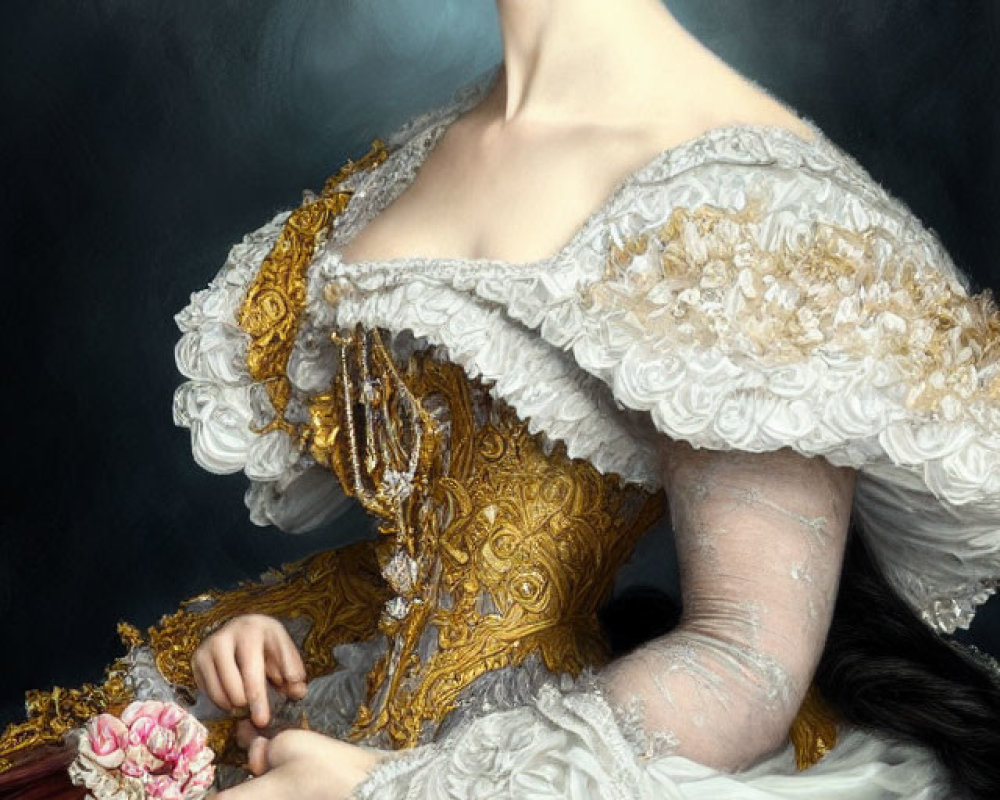 Intense gaze woman portrait in white and gold dress with pink flowers bouquet