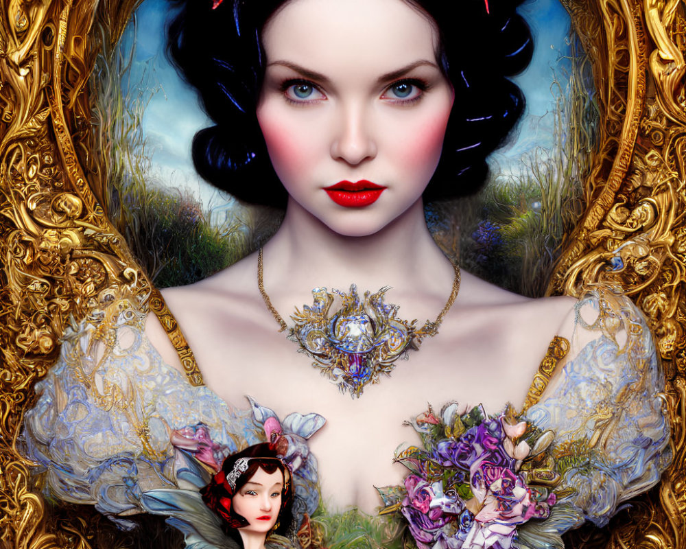 Digital artwork featuring woman with fair skin, blue eyes, dark hair, and ornate golden and floral