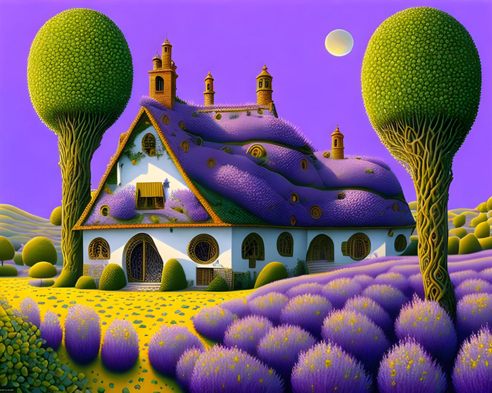 Surreal landscape with purple-roofed house, towering trees, lavender fields, and crescent