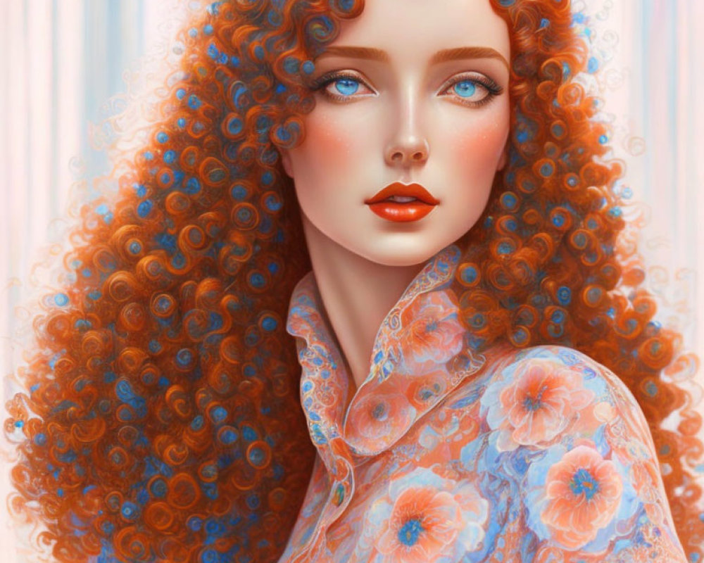 Vibrant red-haired woman in floral blouse on pastel background