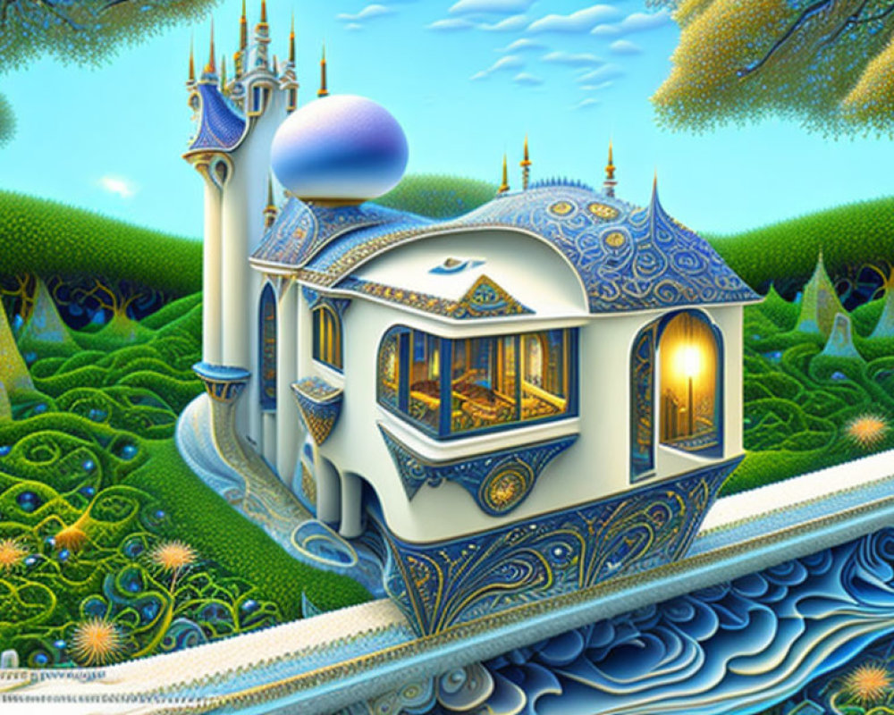 Fantastical palace illustration with blue and white towers in lush landscape