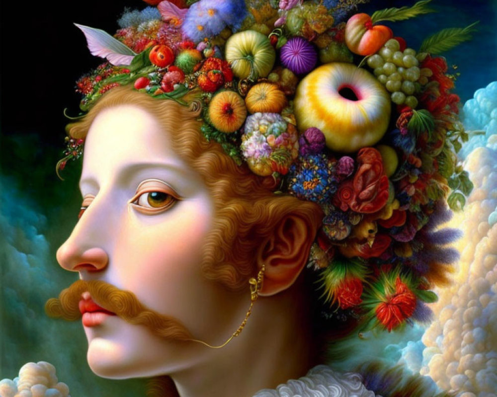 Person with Fruit, Flower, and Bird Headpiece: Surreal Portrait