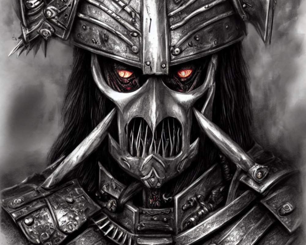 Menacing warrior with glowing red eyes in ornate skull-themed armor