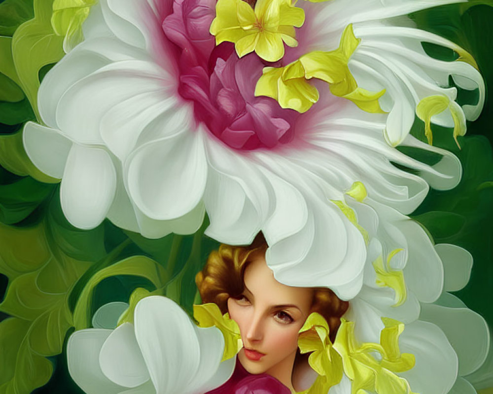 Surreal image of woman's face in white and pink flowers