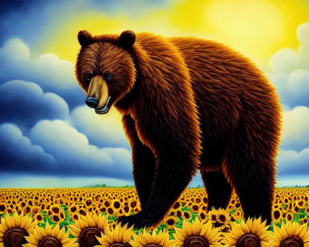 Bear in Sunflower Field at Sunset Illustration