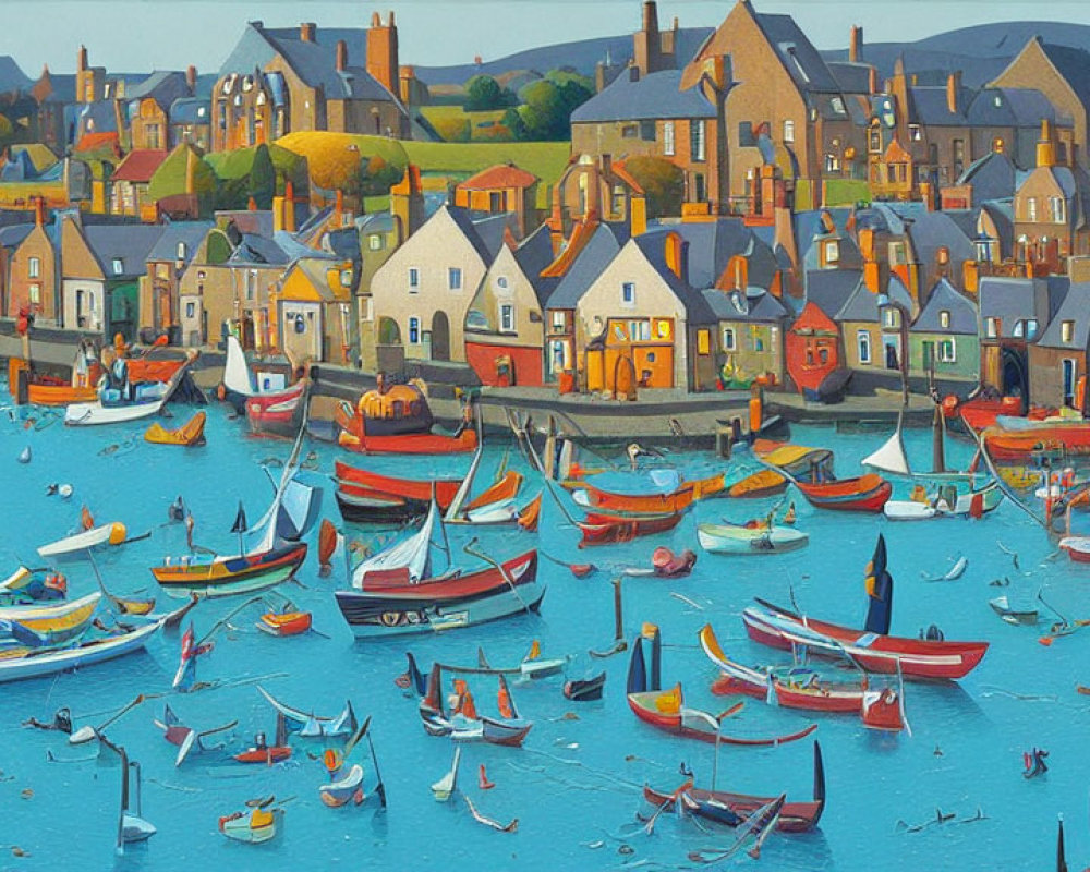 Vibrant Coastal Village Scene with Boats and Houses