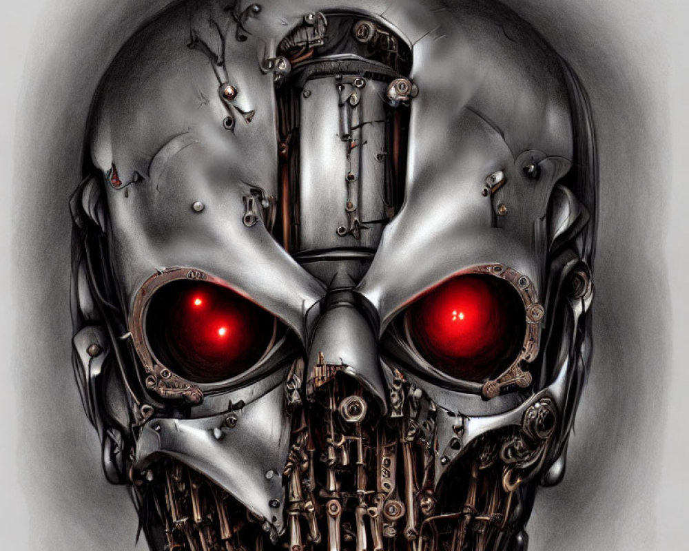 Detailed robotic skull with exposed mechanical internals and glowing red eyes
