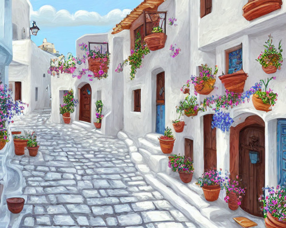 Scenic narrow street with white-washed buildings, vibrant flowers, cobblestone pavement, and blue