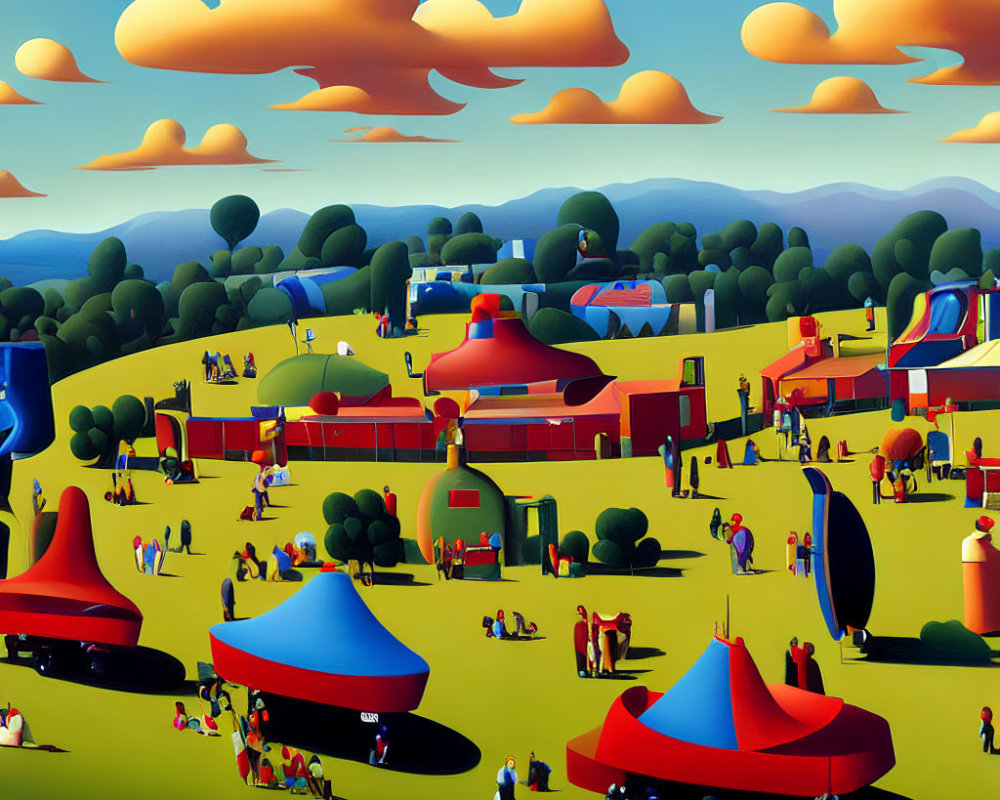 Colorful painting of festive outdoor scene with tents, people, and whimsical clouds