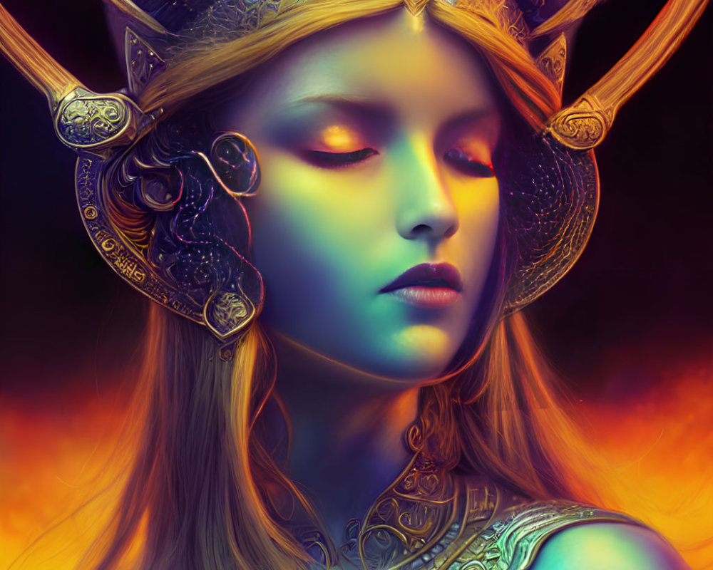 Fantasy portrait of woman with glowing eyes and ornate horned headdress