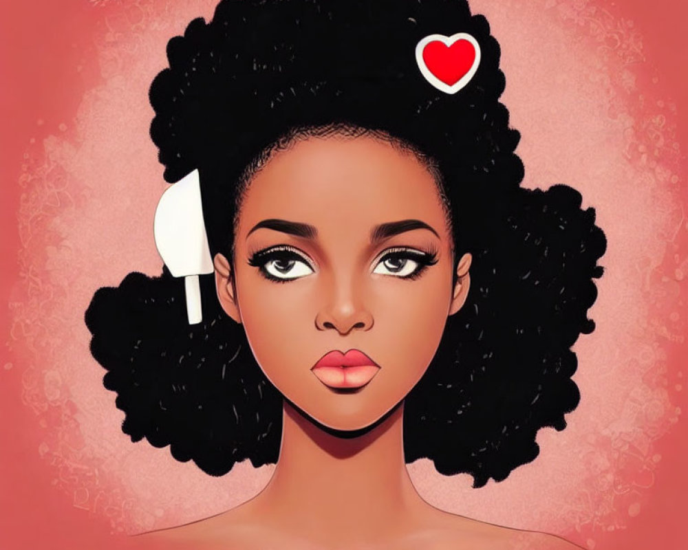 Woman with Voluminous Curly Black Hair and Red Heart on Pink Background