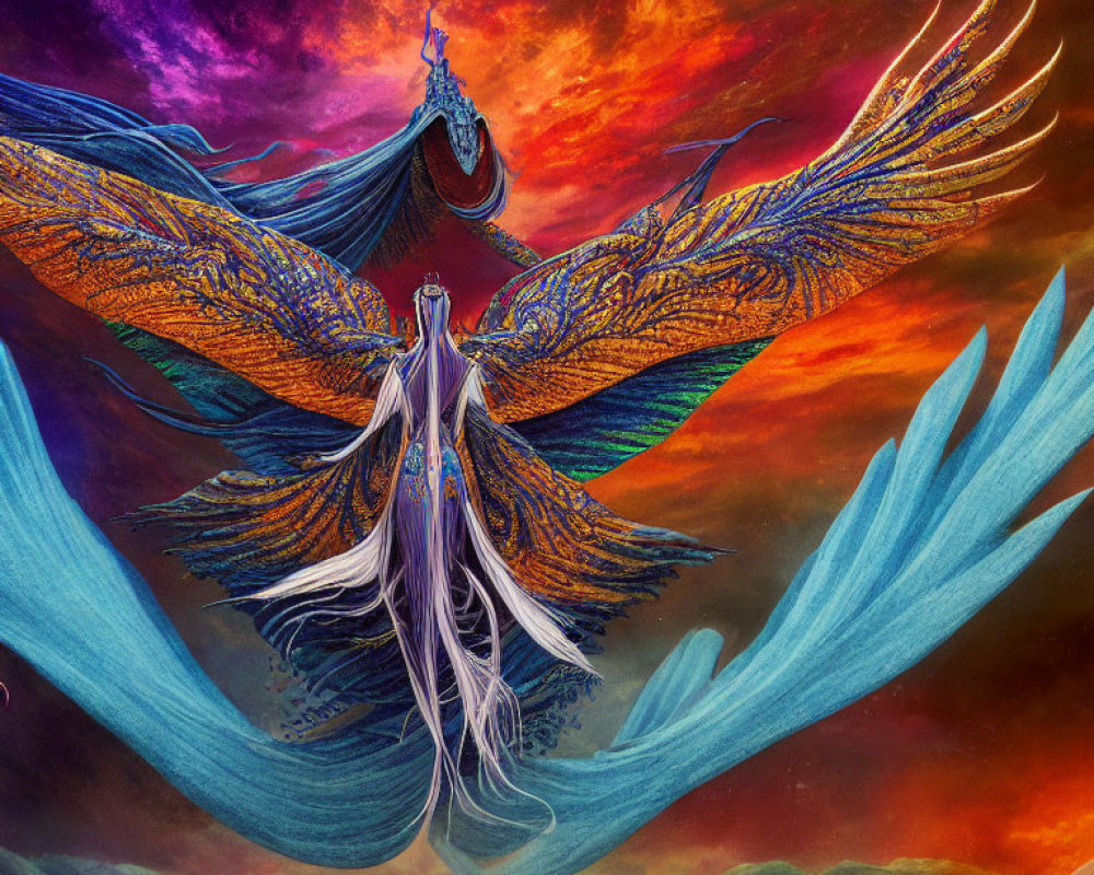 Ethereal figure in flowing robes with ornate wings against sunset sky