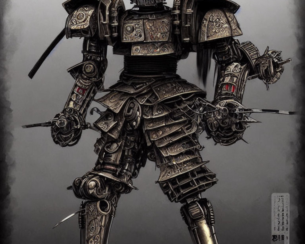 Detailed Samurai Robot Drawing with Intricate Armor and Mechanical Design