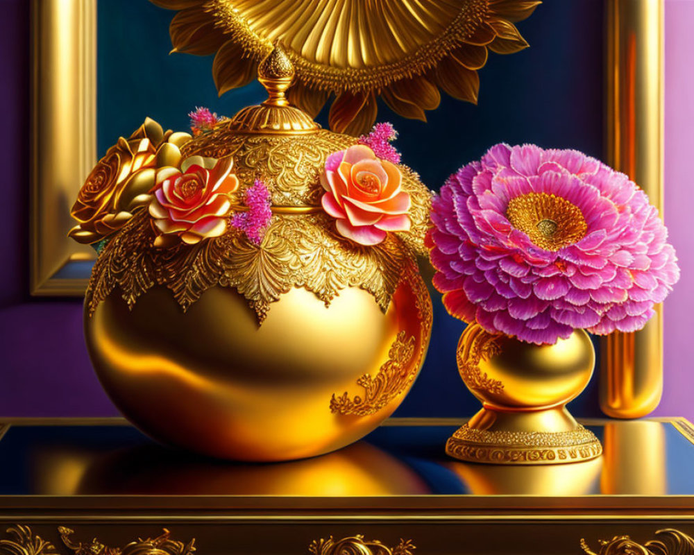 Golden vase with floral carvings and pink flowers on blue background