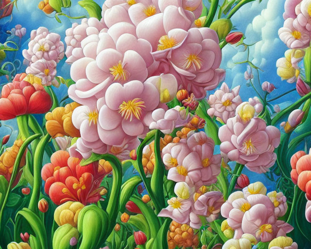 Colorful Flower Painting Against Blue Sky and Clouds