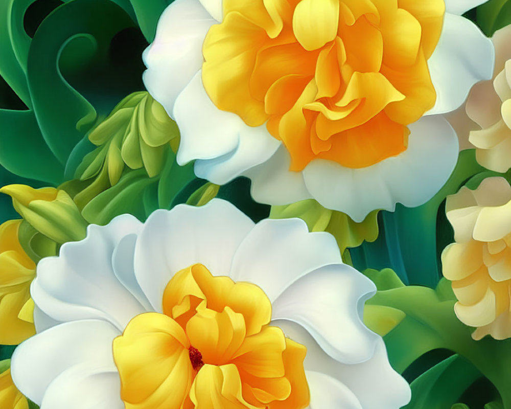 Detailed yellow and white flowers painting with lush greenery in hyper-realistic style