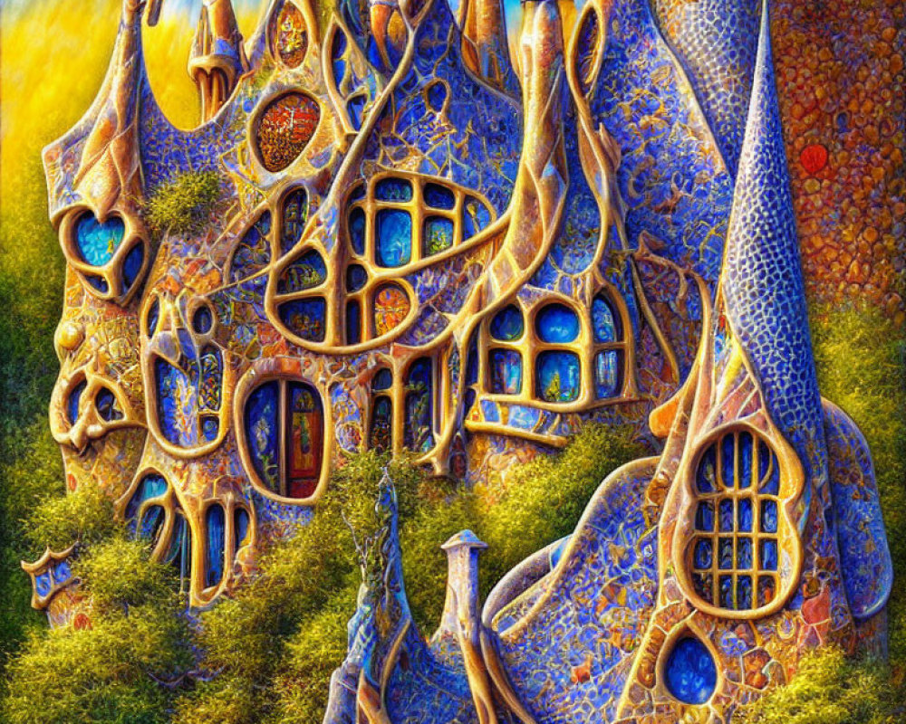 Surreal artwork of organic tree-like castle in lush landscape