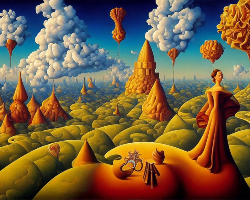 Surrealist landscape with orange structures, woman, bicycle, brain-like clouds.