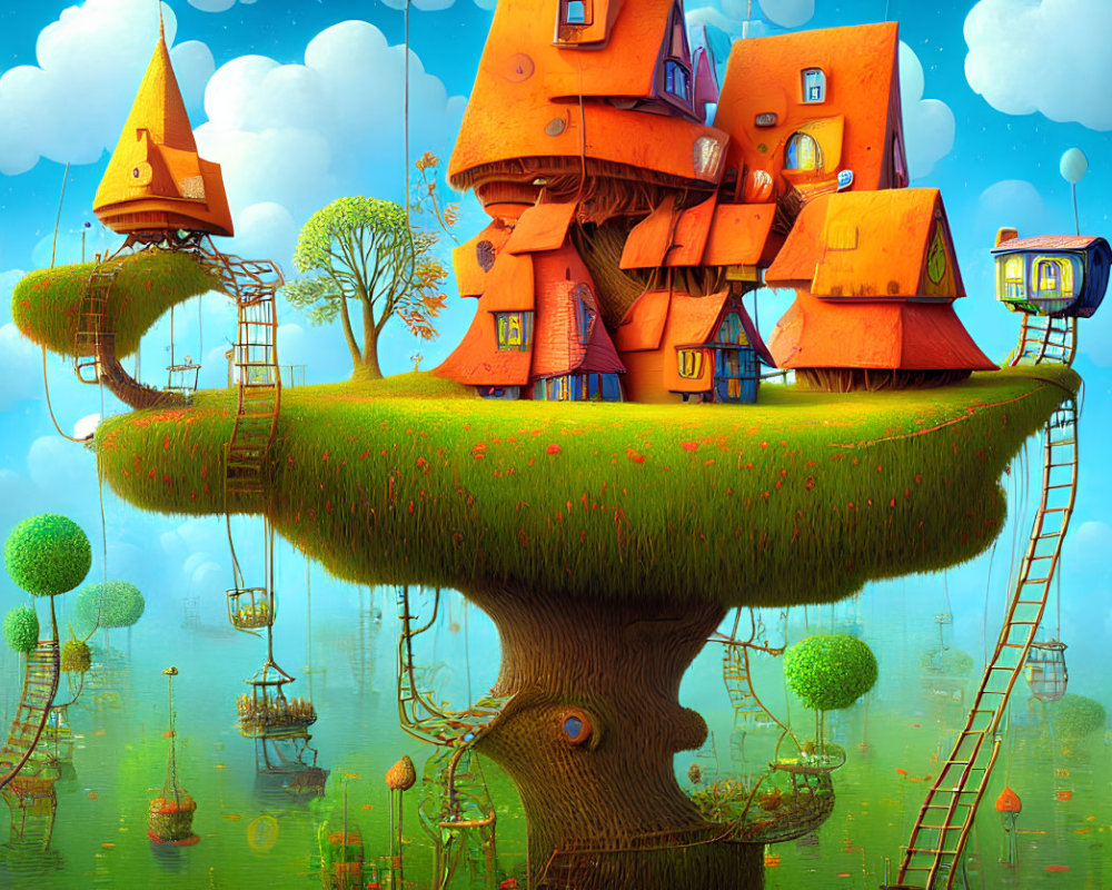 Illustration of giant tree with quirky village and floating islands