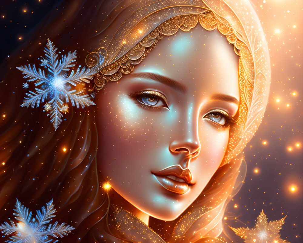 Digital Artwork: Woman with Golden Headdress and Snowflake Accents on Starry Night Background