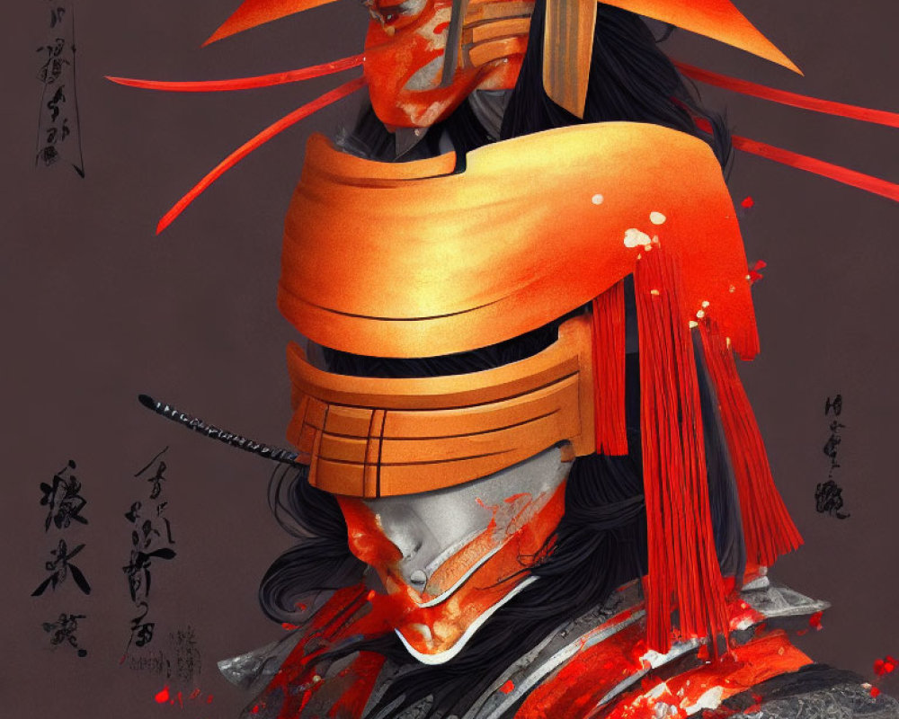 Illustrated Samurai in Red Armor with Kabuto Helmet in Dramatic Artistic Style