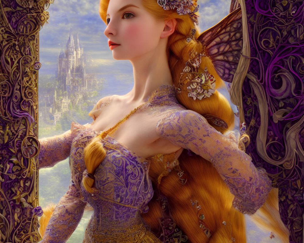 Digital art: Fairy-tale princess with golden hair in lavender dress gazes from castle window with orn