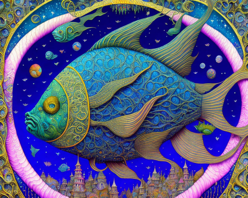 Colorful Illustration of Stylized Blue Fish in Cosmic Seascape