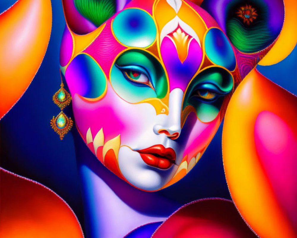 Colorful Digital Painting of Stylized Female Face with Carnival Mask Design on Blue Background