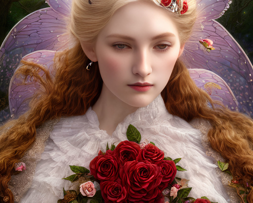 Fair-skinned figure with translucent wings and red flower hair adornment holding a bouquet of roses