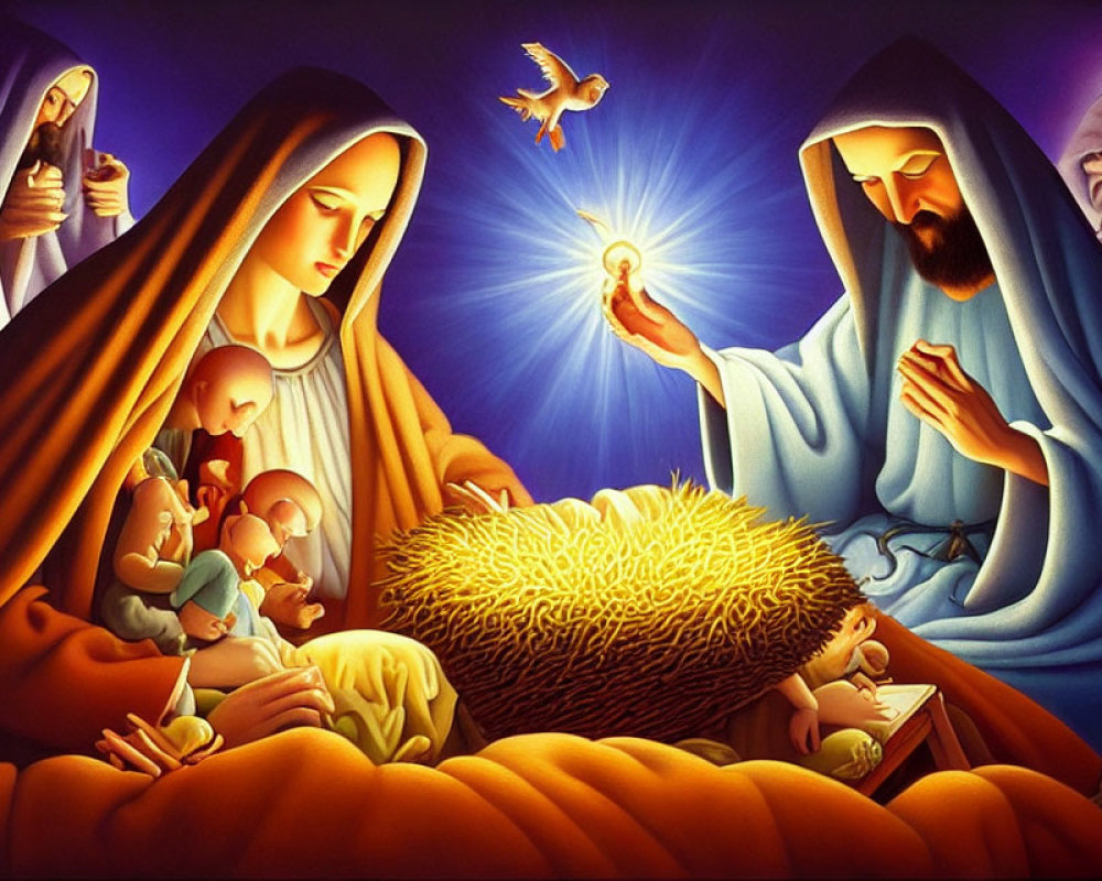 Illustration of Nativity scene with Mary, Joseph, Jesus, angels, and glowing light