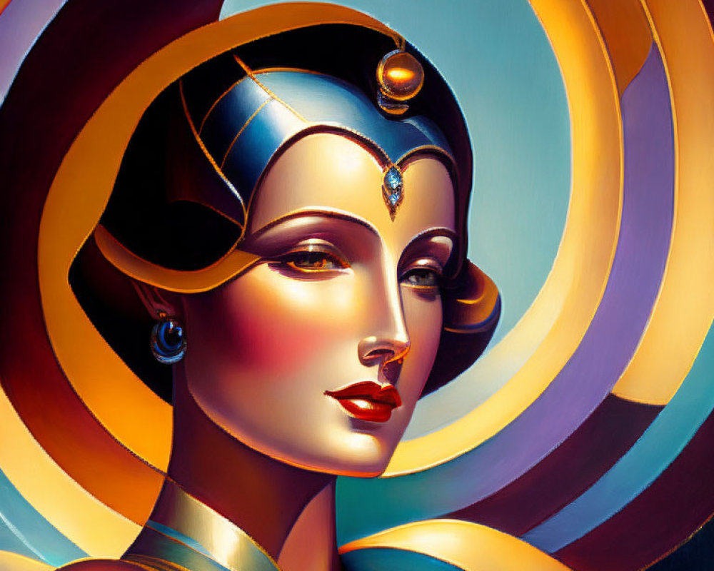 Art Deco Woman Illustration with Geometric Shapes in Blue, Gold, and Cream