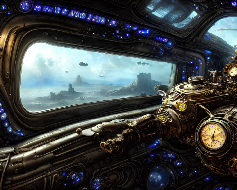 Steampunk-style interior with brass telescope and gadgets overlooking cloudy landscape through submarine-like window.