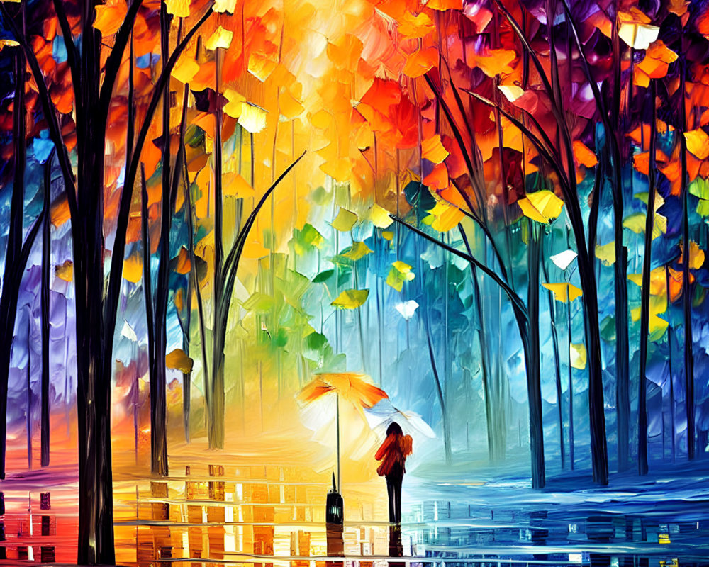 Colorful autumnal park painting: Person with umbrella walking in rain